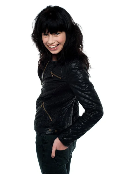 Beauty brunette woman in leather jacket — Stock Photo, Image