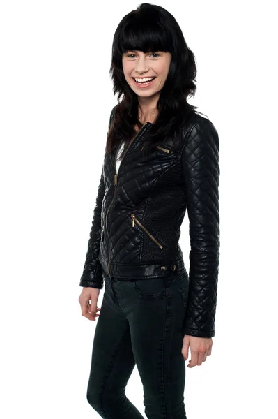 Beautiful girl in a stylish leather jacket — Stock Photo, Image