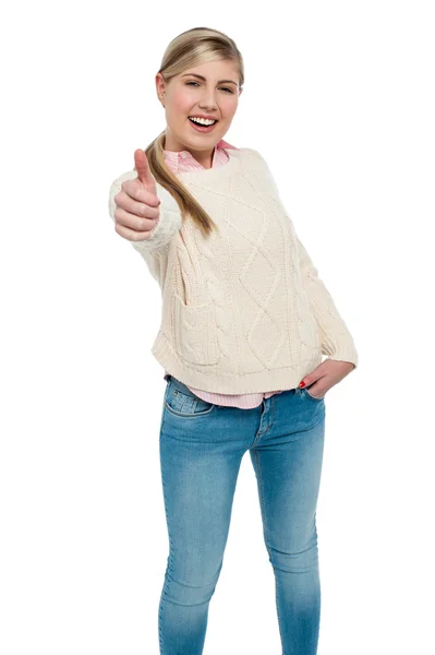 Happy teen girl showing thumbs up sign — Stock Photo, Image