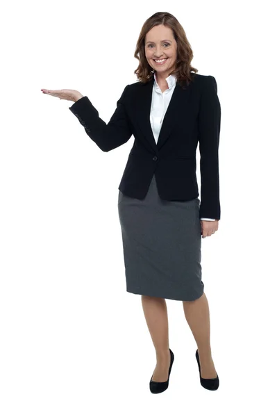 Cheerful executive presenting copy space — Stock Photo, Image