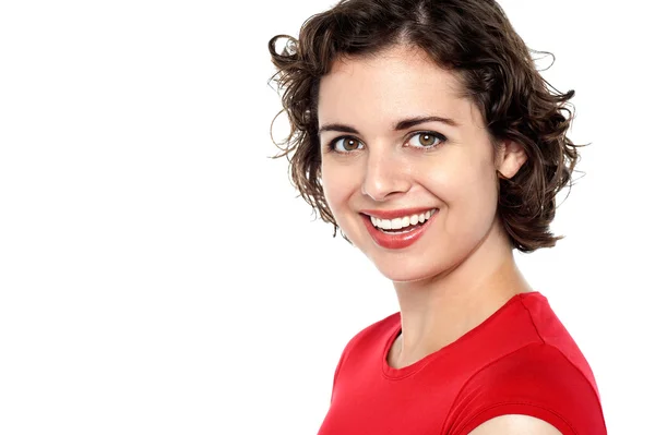 Smiling pretty woman in fashionable red top — Stock Photo, Image