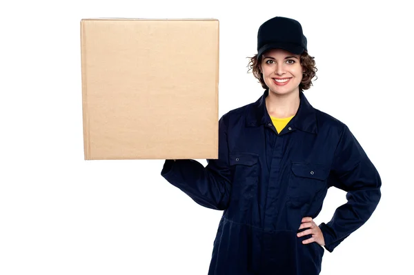 Please accept our courier sir. woman delivering carton — Stock Photo, Image