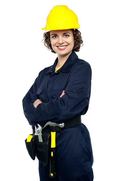Aktiv kvinna byggnadsarbetare — Stockfoto