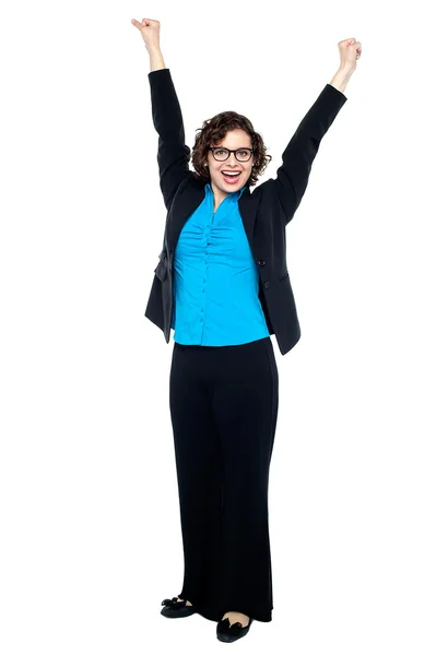 Corporate lady throwing up her hands — Stock Photo, Image