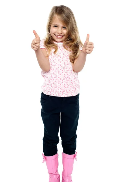 Pretty girl in trendy wear showing double thumbs up — Stock Photo, Image