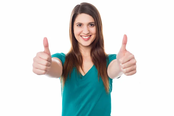 Lovely female gesturing double thumbs up — Stock Photo, Image