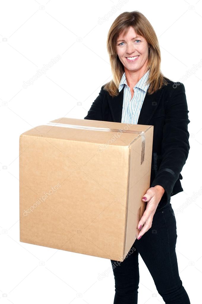 Happy business lady with a box