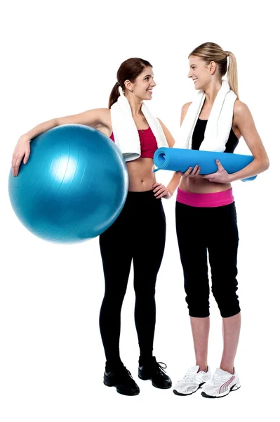 两个女孩的体育锻炼后通信 — 图库照片