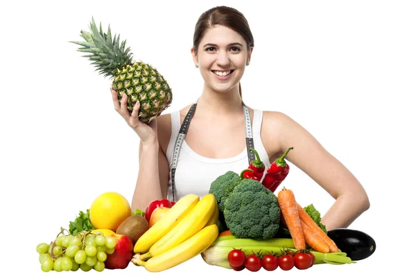 Beautiful young woman with fruits and vegetables — Stock Photo, Image