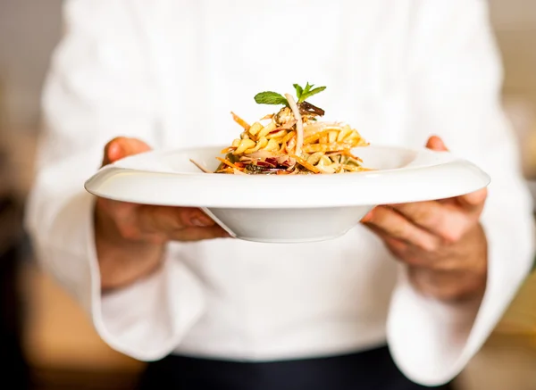 Chef oferecendo salada de macarrão para você — Fotografia de Stock