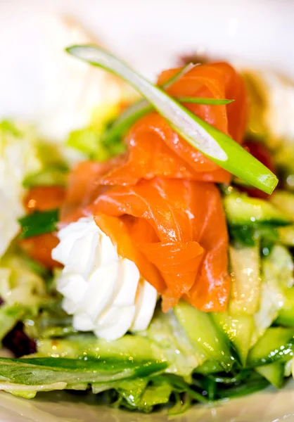 Salmão defumado com creme e salada — Fotografia de Stock