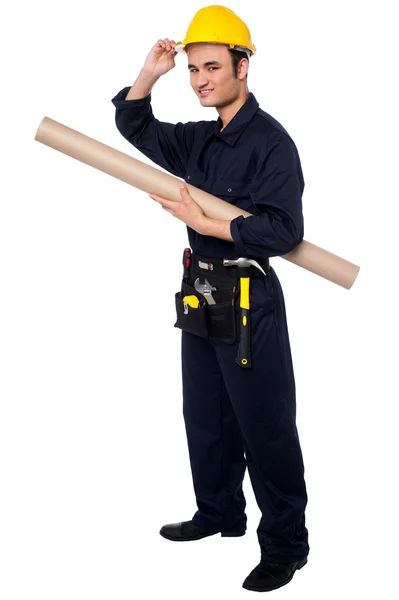 Construction worker holding building blueprint — Stock Photo, Image