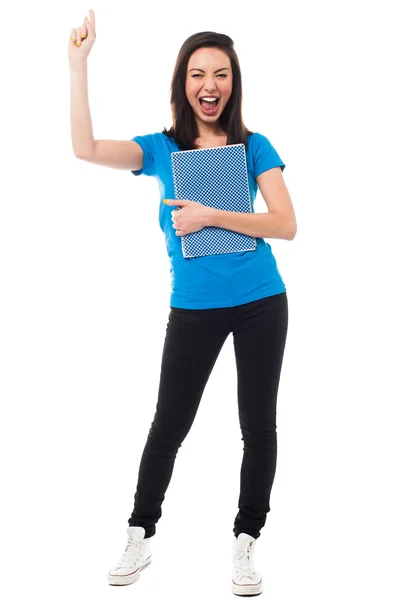 Excited young university student shouting loud — Stock Photo, Image