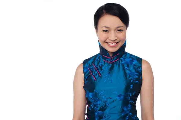 Young attractive chinese woman in blue dress — Stock Photo, Image