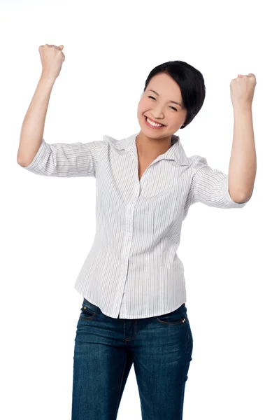 Excited charming girl with clenched fists — Stock Photo, Image