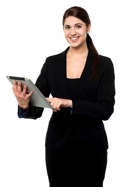 Attractive businesswoman working on touch pad — Stock Photo, Image