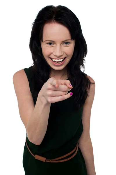 Pretty girl in trendy wear pointing you out — Stock Photo, Image