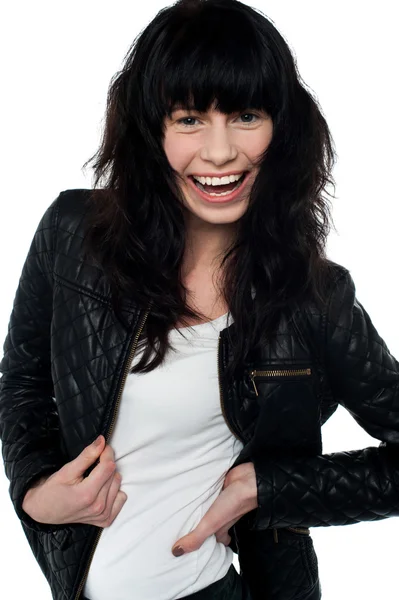 Beautiful young fashion girl in leather jacket — Stock Photo, Image