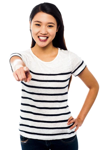 Attractive young female pointing you out — Stock Photo, Image