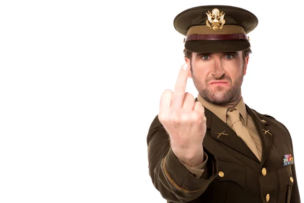 Angry army man showing middle finger — Stock Photo, Image