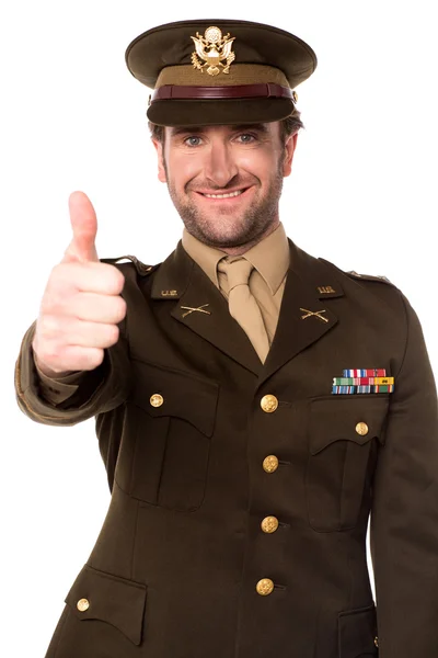 Happy military man gesturing thumbs up — Stok Foto