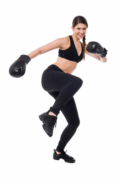 Pretty young boxer woman in action — Stock Photo, Image