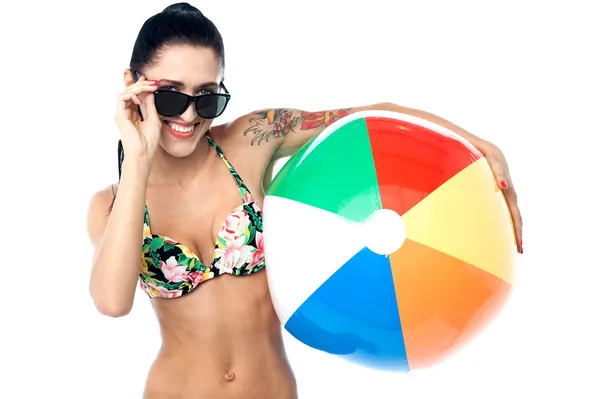 Sensual bikini woman with a beach ball — Stock Photo, Image