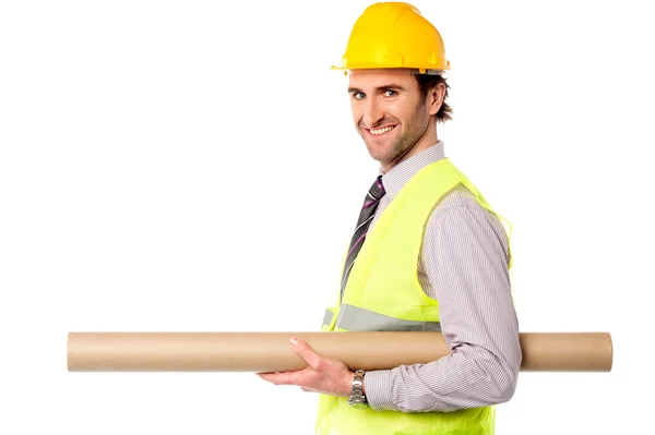 Happy civil engineer holding blueprint — Stock Photo, Image