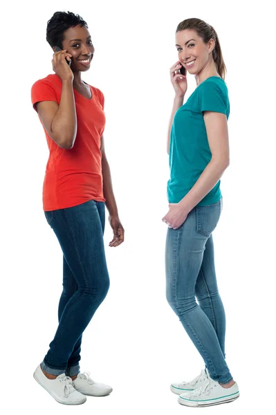 Trendy females speaking over cellphone — Stock Photo, Image