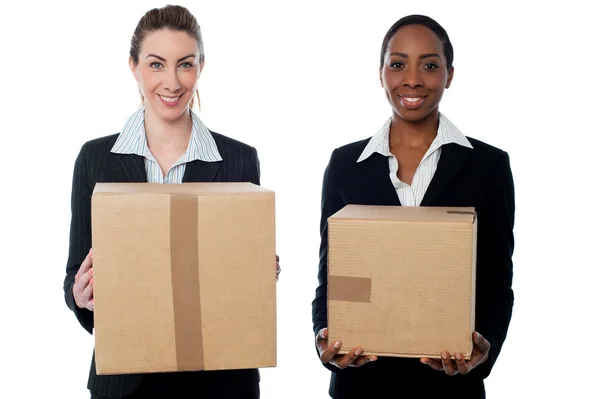 Vrouwelijke ondernemers houden Lunchpakket kartons — Stockfoto