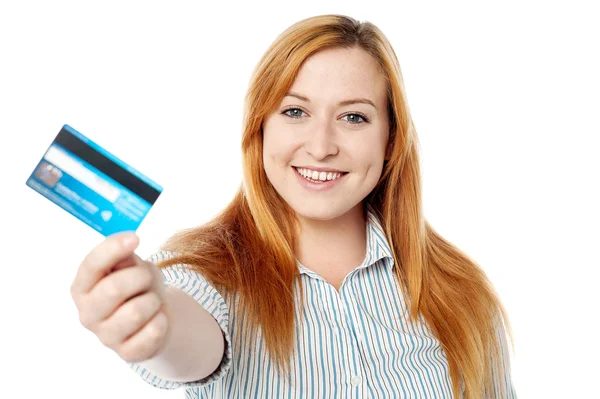 Young lady showing her cash card — Stock Photo, Image