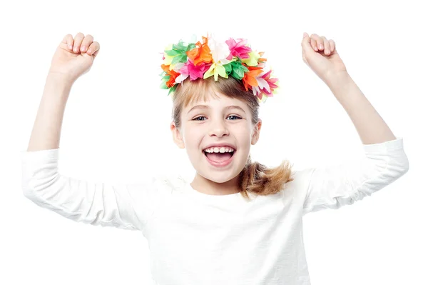 Excited charming kid raising her arms up — Stock Photo, Image