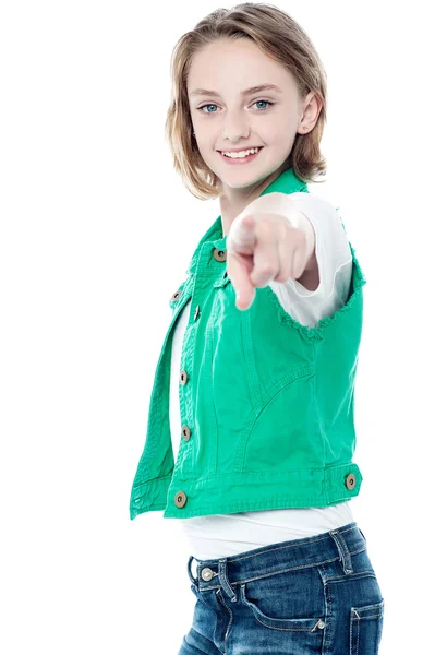 Pretty child pointing you out over white — Stock Photo, Image