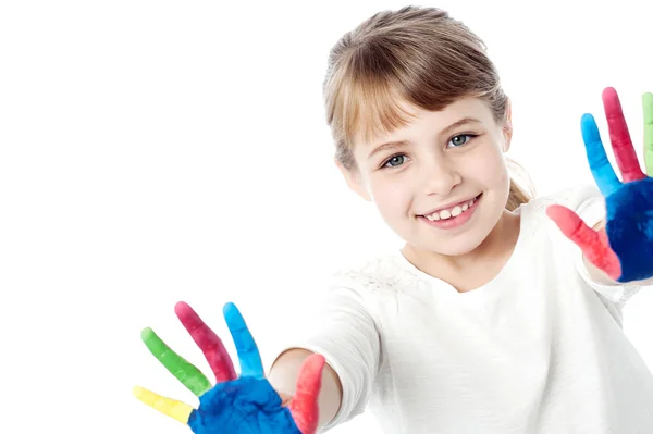Little kid with painted hands — Stock Photo, Image