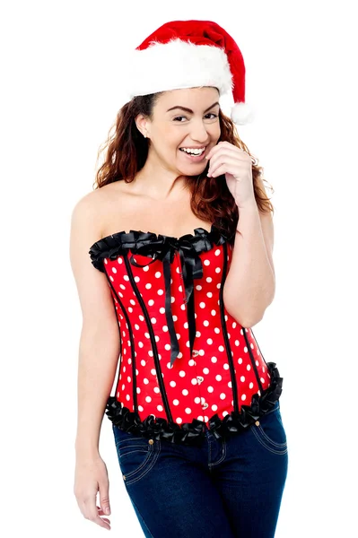 Splendida donna sexy indossa cappello di Babbo Natale — Foto Stock