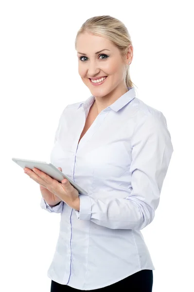 Attractive corporate lady with touch pad — Stock Photo, Image