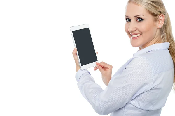 Pretty female working on touch pad — Stock Photo, Image