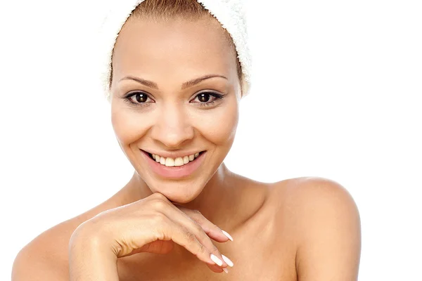 Spa woman with towel wrapped on her head — Stock Photo, Image