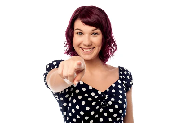 Sweet woman pointing at camera isolated — Stock Photo, Image