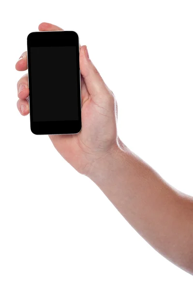 Homem mão segurando novo celular — Fotografia de Stock