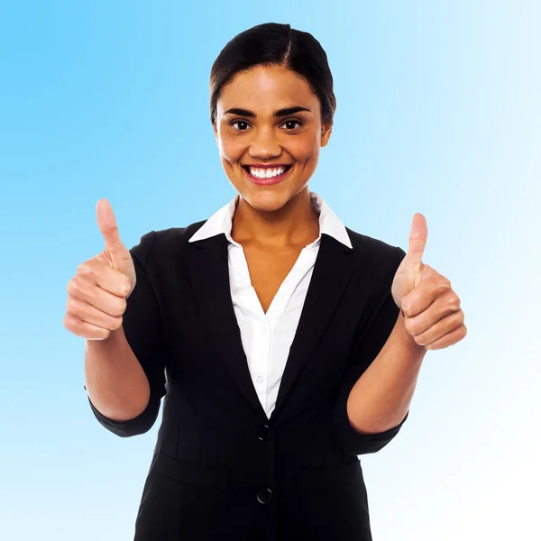 Corporate woman showing double thumbs up — Stock Photo, Image