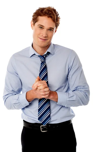 Corporate guy posing with clasped hands — Stock Photo, Image