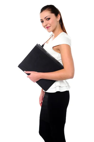Obchodní lady drží soubory sady office — Stock fotografie
