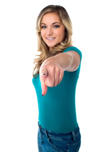 Cute young girl pointing you out — Stock Photo, Image