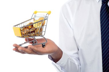 altın madeni paralarla dolu bir alışveriş sepeti tutan adam