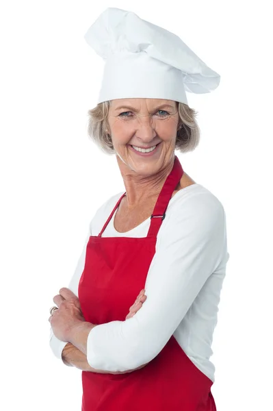 Vrolijke vertrouwen leeftijd vrouwelijke chef-kok — Stockfoto