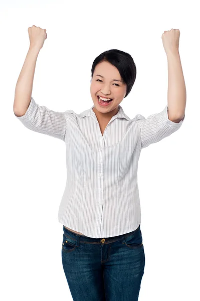 Excited charming girl with clenched fists — Stock Photo, Image