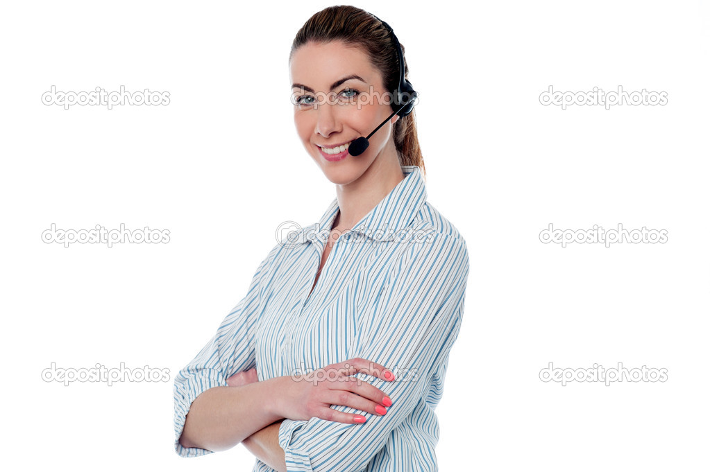 Female call centre agent with arms crossed