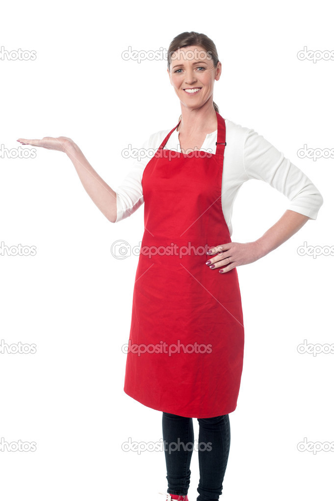 Woman chef inviting at restaurant