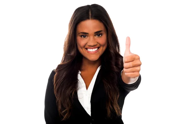 Business woman cheerful thumb up — Stock Photo, Image